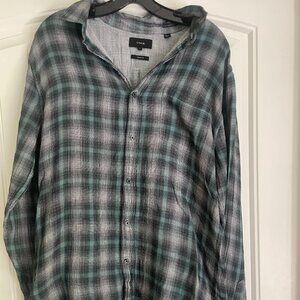 Vince Men's Gray, Black & Green Plaid Cotton Shirt – Size L